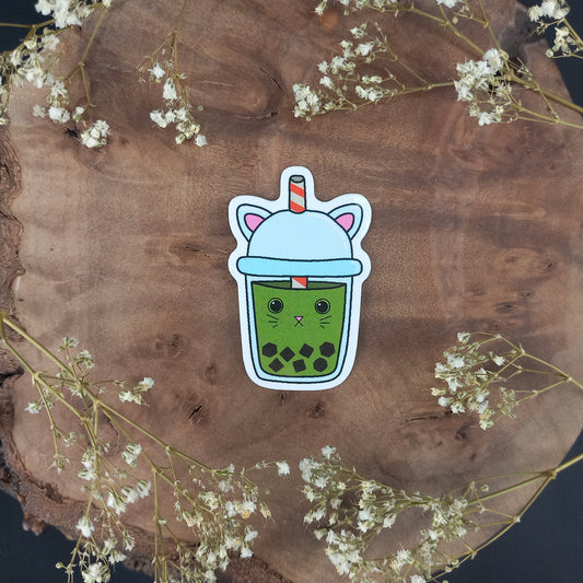 Green Matcha Cat Boba Tea Sticker